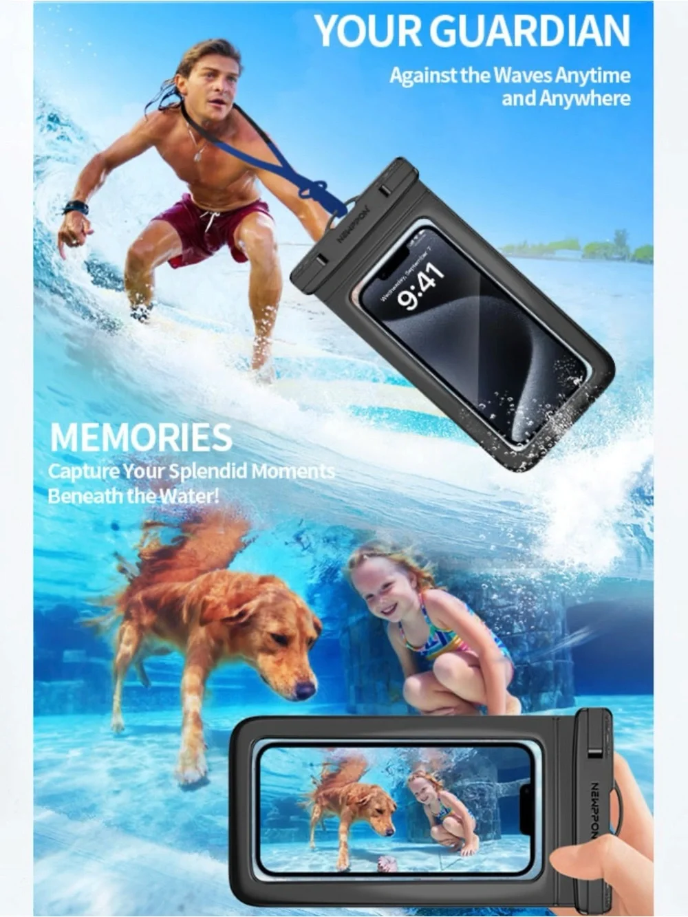 Universal Waterproof Phone Pouch with Lanyard - Black, Blue, Mint